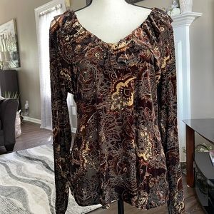 Carole Little Long Sleeved Ruffled Deep V Neck Dressy  Blouse  Top  Size  XL